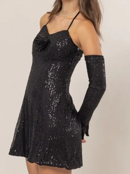 Automotive part image showing a Jade Icarus logo on a HYFVE Sequin Rosette Halter Mini Dress-inspired design with shiny sequin details.