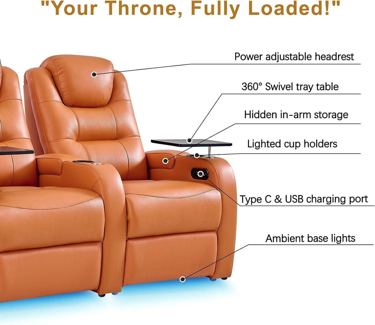 Orange Top Grain Leather Home Theater Seating Row Of Three USB Charger