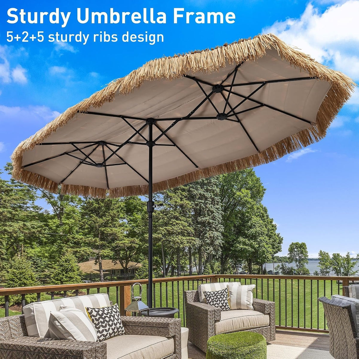 13Ft Waterproof Thatch Tiki Terrace Outdoor Umbrella