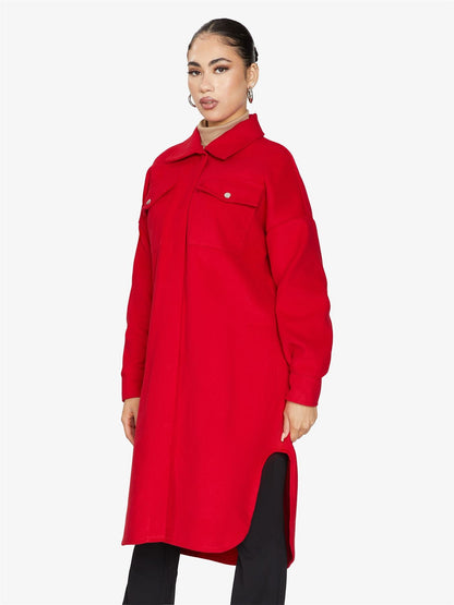 Oversized longline shacket by Rose Eleusis, featuring a relaxed fit, button front, and casual collar in soft fabric.
