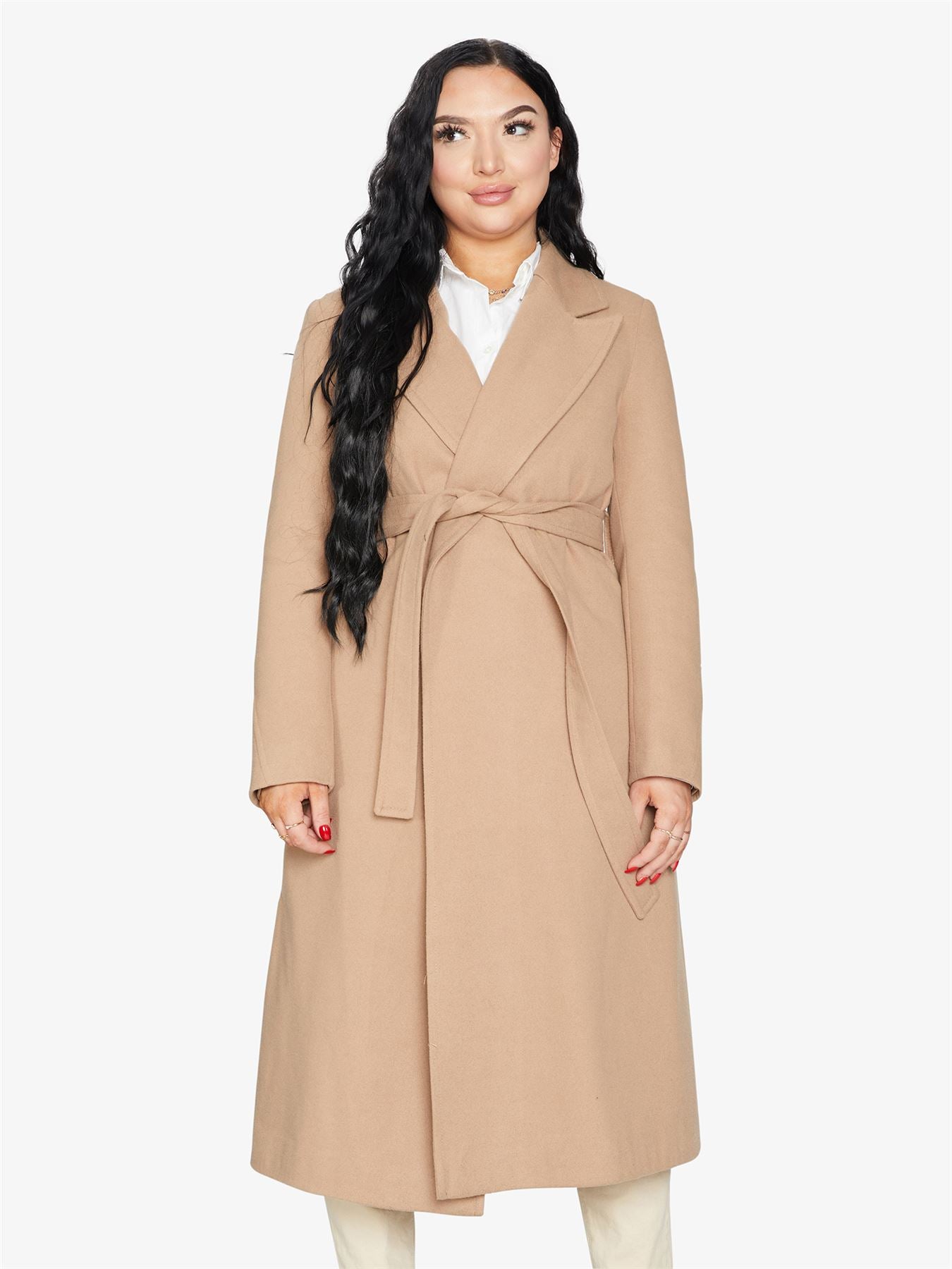 Rose Eleusis belted longline duster coat for women, shown in a stylish long coat with a belt and open front design.