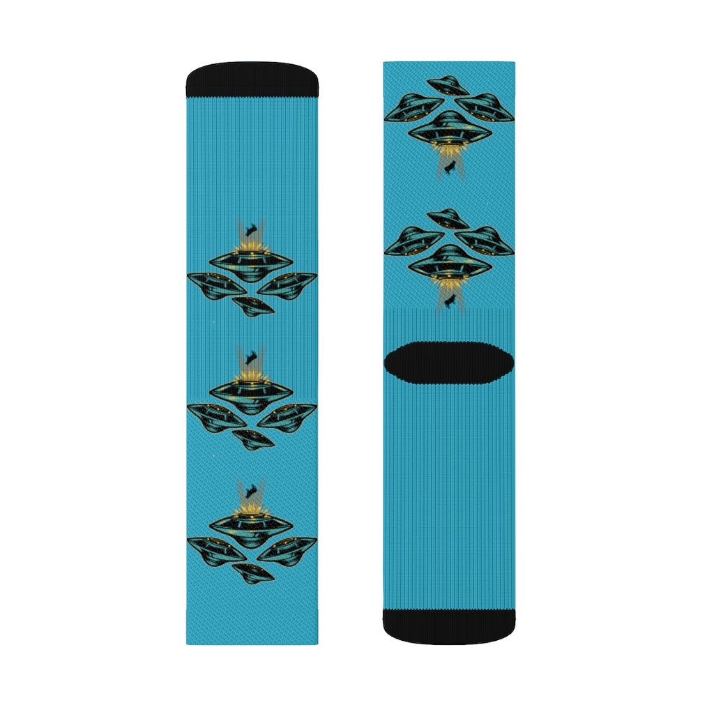 Yellow Pandora UFO Area 51 socks featuring alien and spacecraft designs, colorful and comfortable for casual wear.