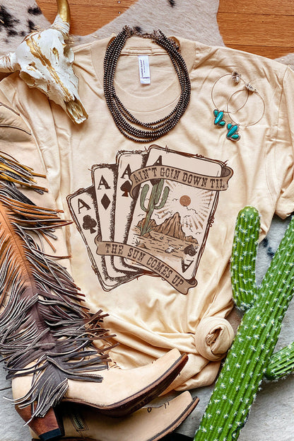 Carmine Juneberry Khaki Western Poker Cards graphic T-shirt featuring poker chip and card designs on a casual cotton T-shirt.