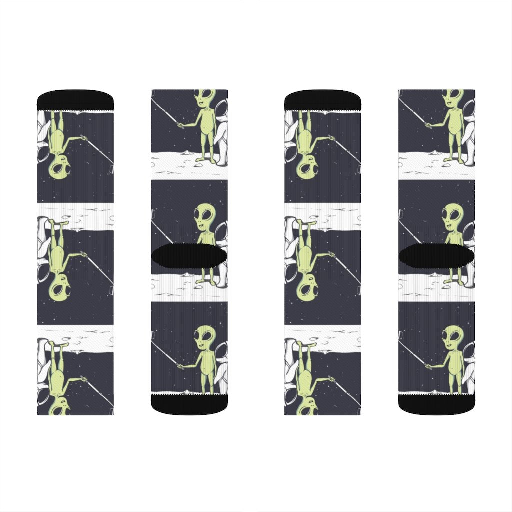 Yellow Pandora Funny Alien Selfie Socks featuring colorful alien cartoon designs on comfortable, playful sock fabric.