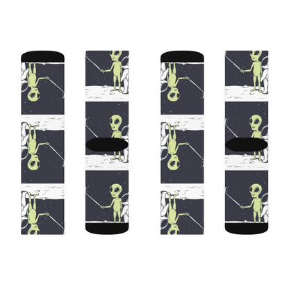 Yellow Pandora Funny Alien Selfie Socks featuring colorful alien cartoon designs on comfortable, playful sock fabric.