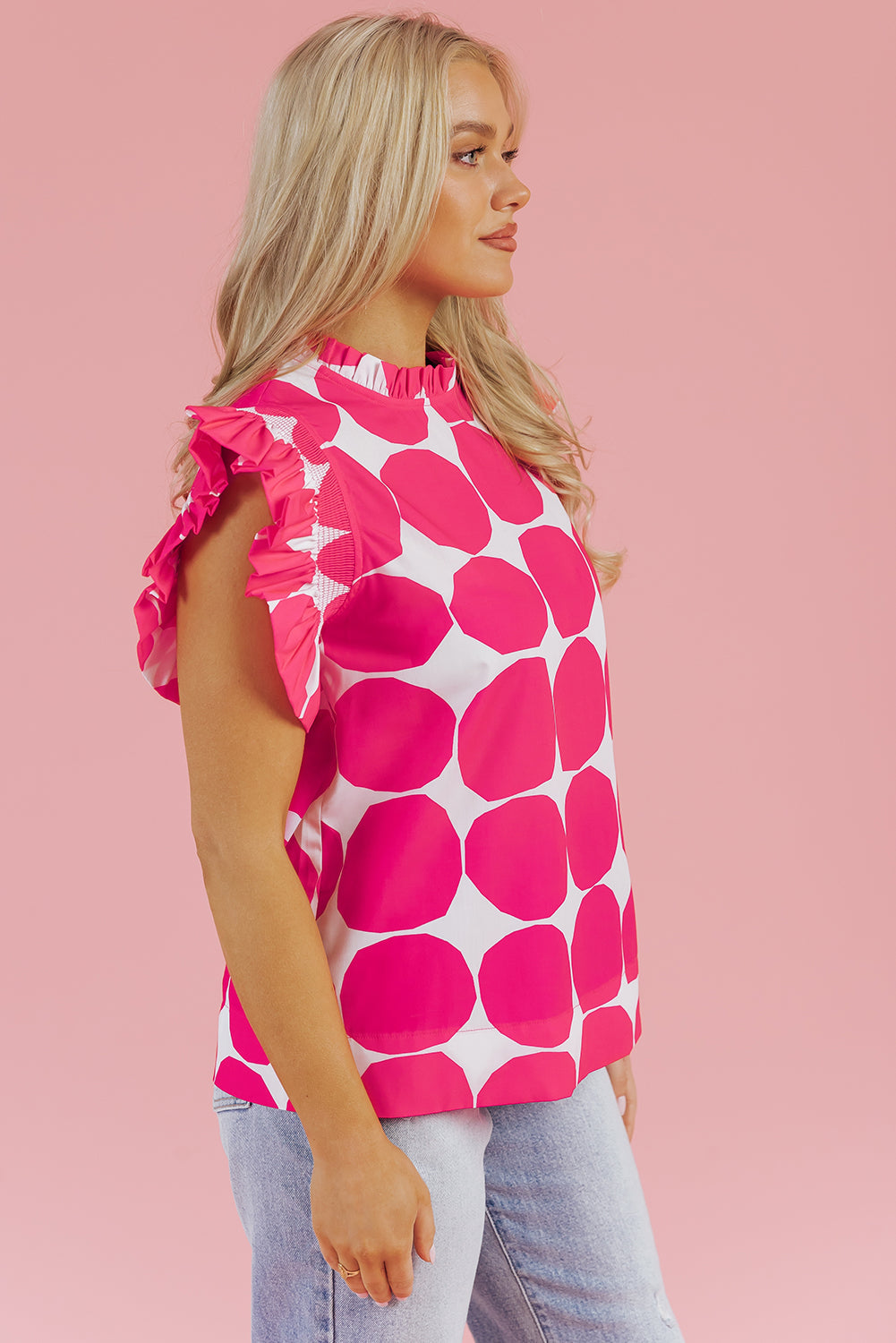 Carmine Juneberry rose bubblegum pattern frilled collar flutter sleeve top, featuring a feminine design with ruffled collar and flowy sleeves.