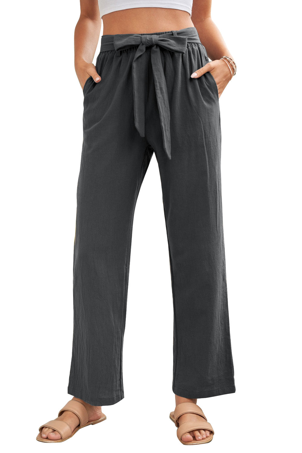 Black elastic waist wide-leg pants by Harlequin Daisy, featuring a drawstring and comfortable bath and beauty style.