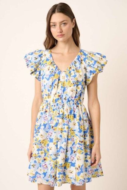 Jade Icarus Mittoshop floral V-neck cap sleeve mini dress for women, featuring a colorful floral pattern and a fitted silhouette.
