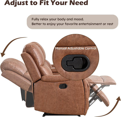 Brown Faux Leather Manual Reclining Overstuffed Sofa