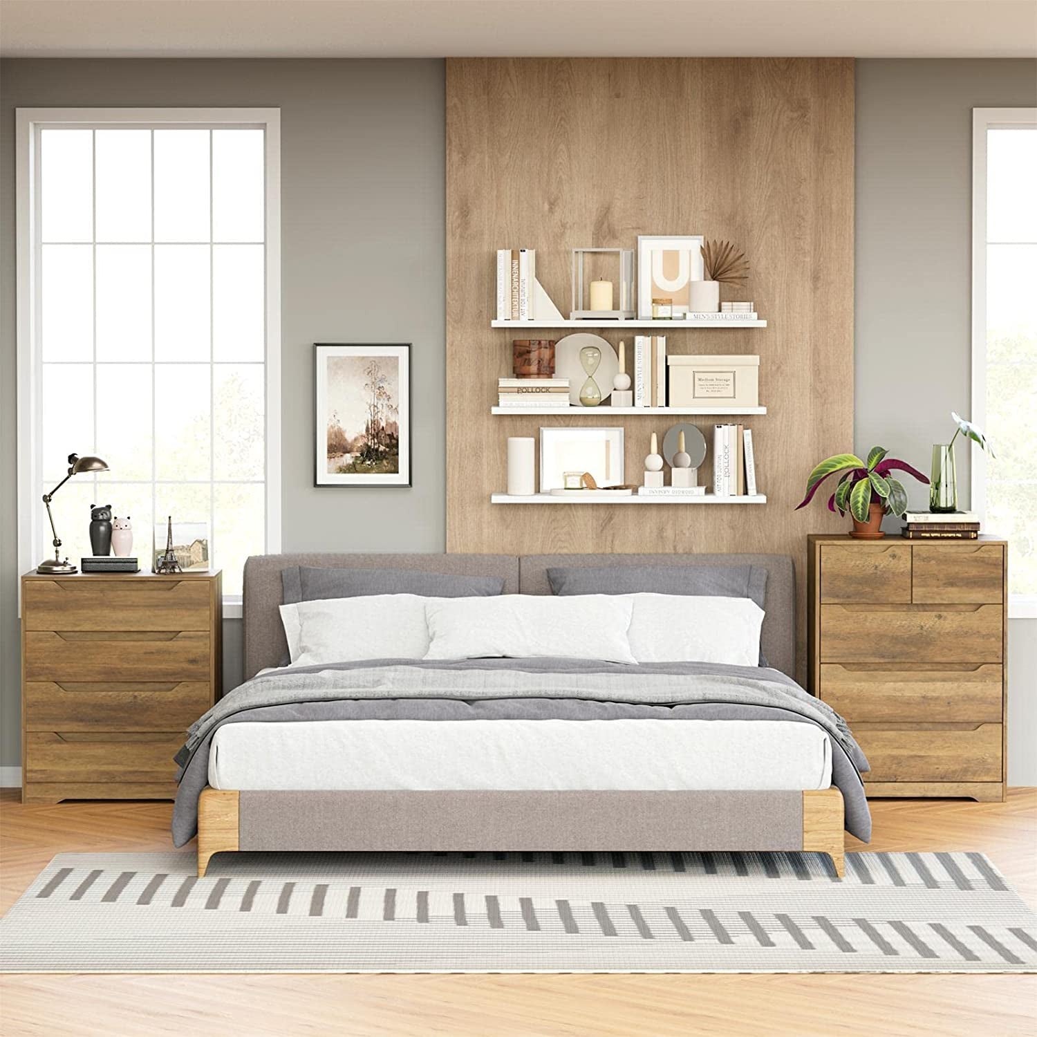 Rustic brown Peach Maple 5-drawer bedroom dresser with wood grain finish, ideal for organization and storage.