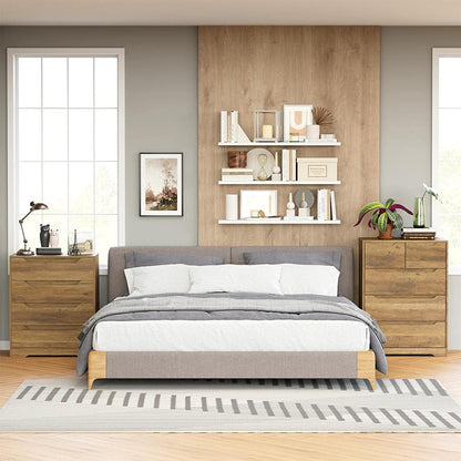 Rustic brown Peach Maple 5-drawer bedroom dresser with wood grain finish, ideal for organization and storage.