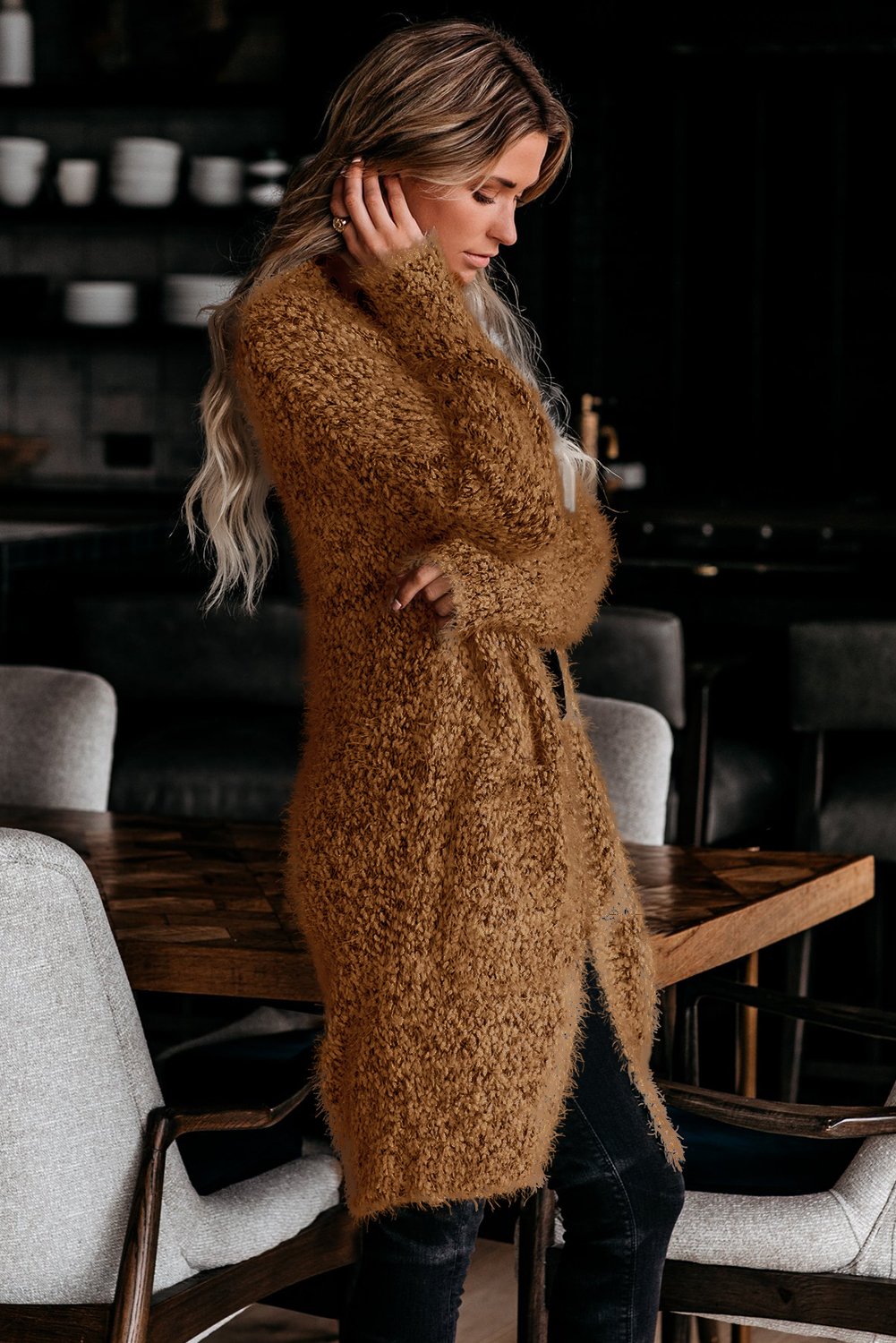 Cream fuzzy knit women&
