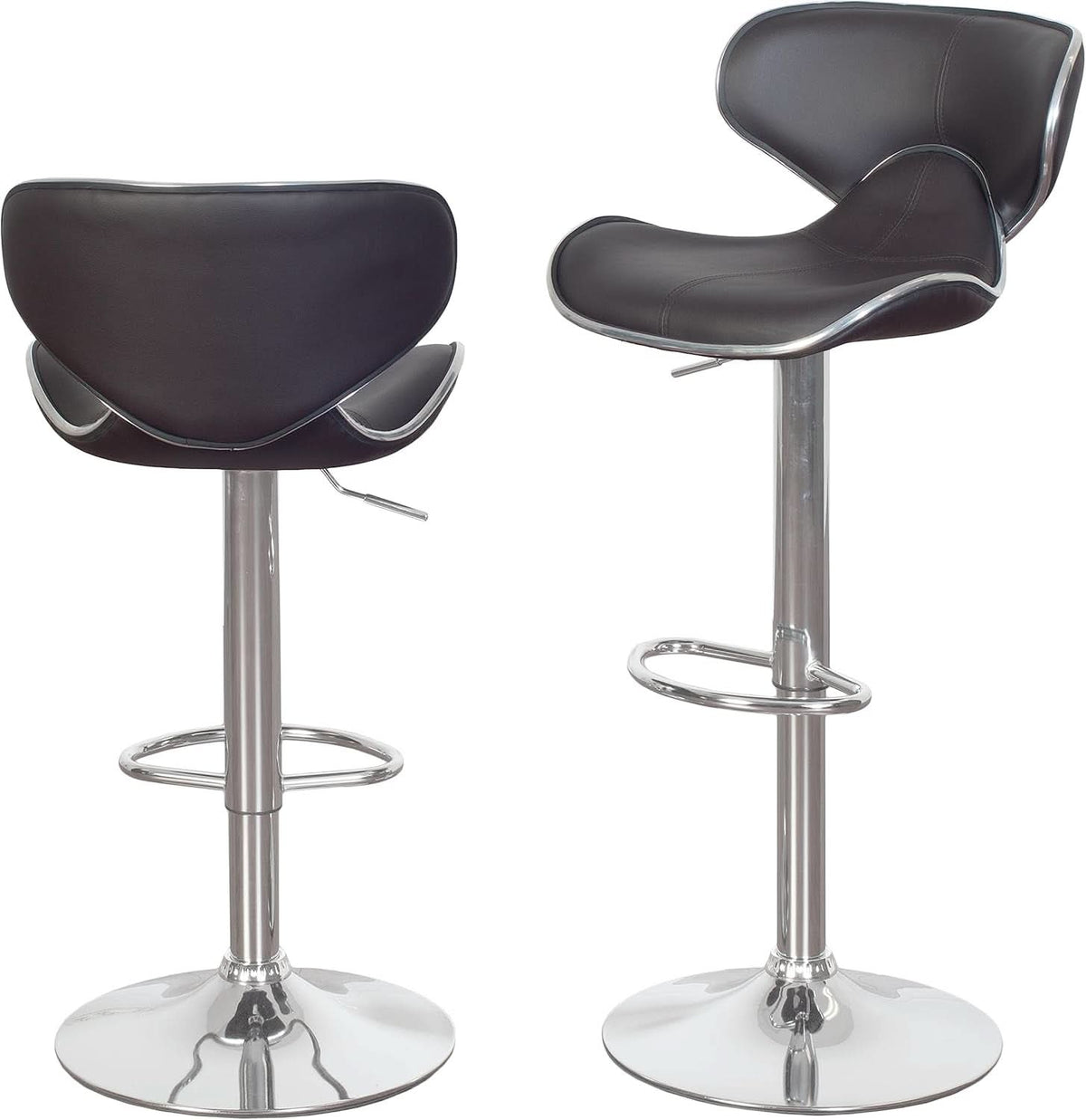Two Brown Airlift Swivel Barstools With Chrome Base Adjustable Height 360 Degree Rotation