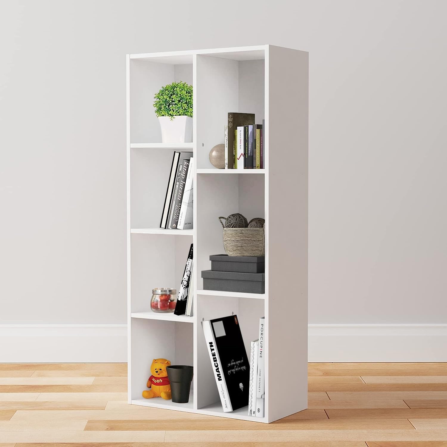 White Peach Maple 7-Cube Organizer Bookcase with storage shelves, ideal for home or office organization and decor.