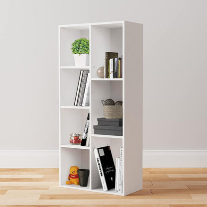 White Peach Maple 7-Cube Organizer Bookcase with storage shelves, ideal for home or office organization and decor.