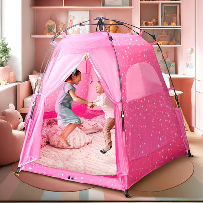 Kids Pop Up Play Tent by Peach Maple, princess castle design, 78x66 inches, colorful fabric with castle details for indoor play.