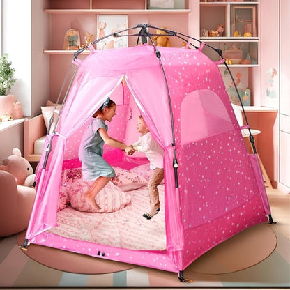 Kids Peach Maple princess castle play tent set up as a colorful pop-up playhouse with windows and a door for children’s indoor fun.