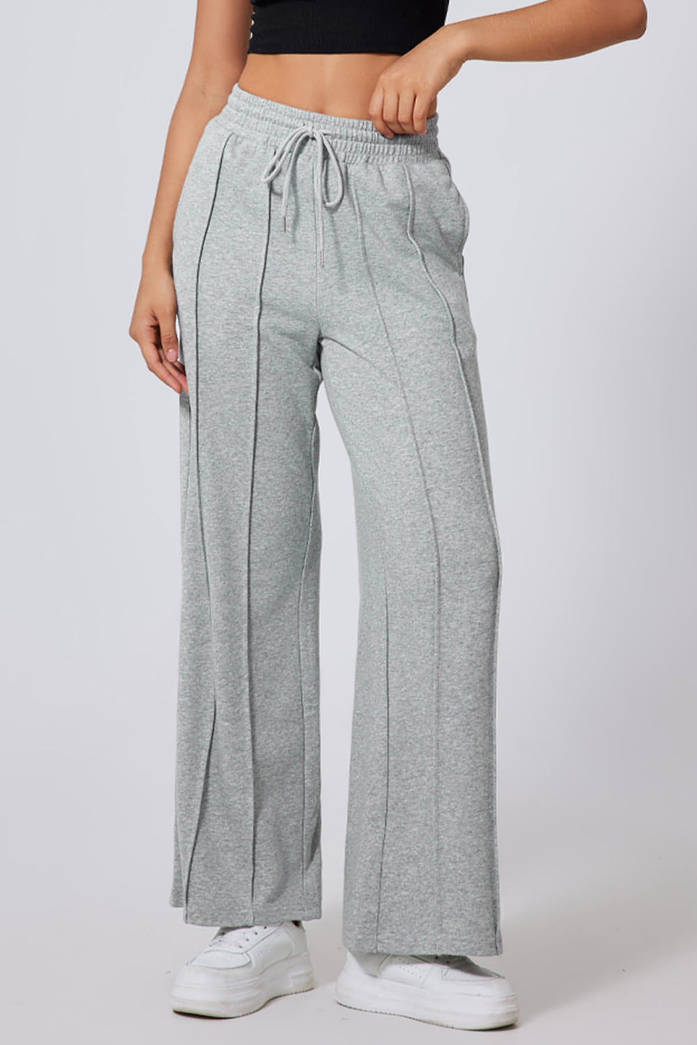 Gray seamed drawstring high waist wide leg sweatpants by Carmine Juneberry, featuring a comfortable fit and stylish design.