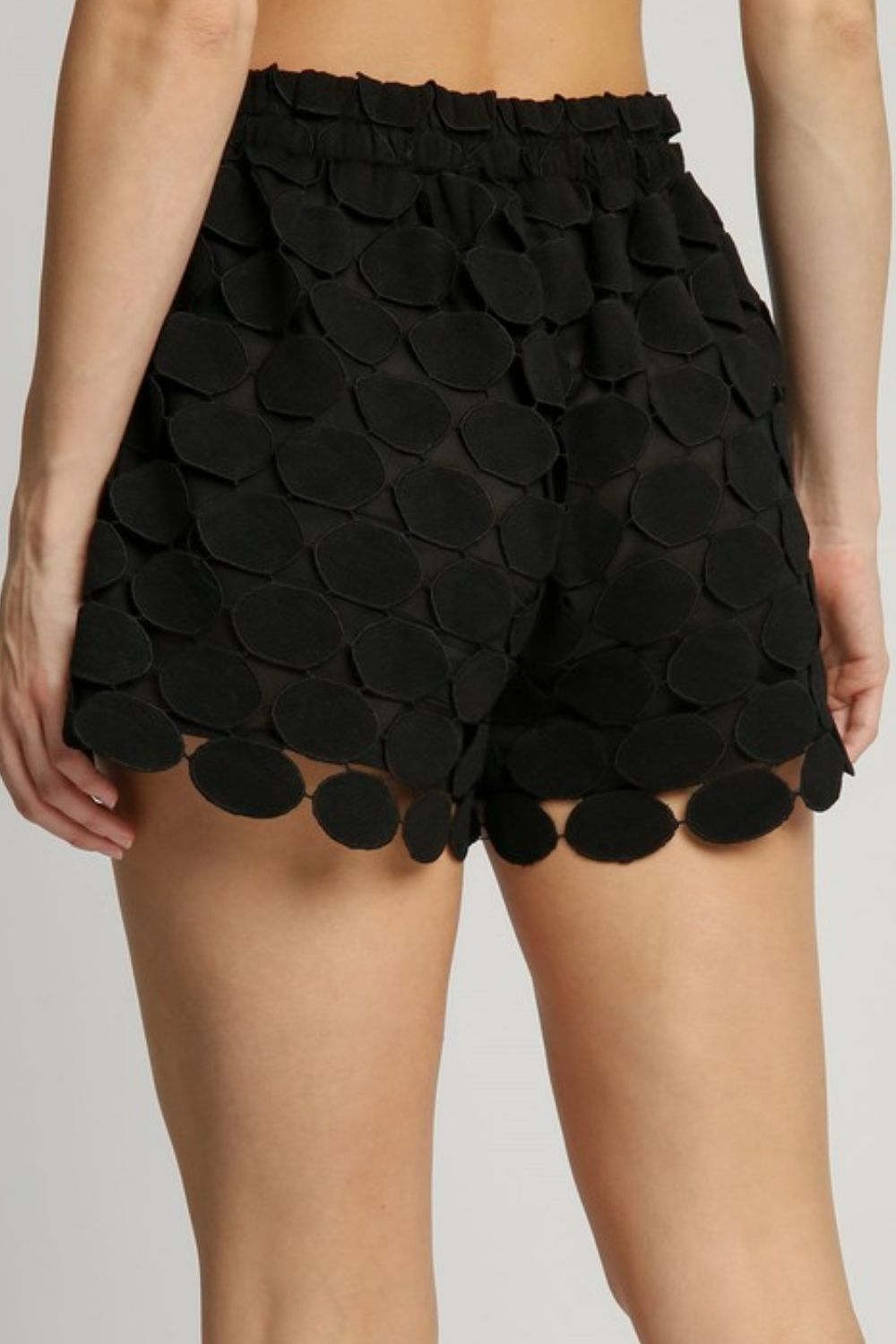 Polka dot lace shorts in full size by Jade Icarus, featuring a stylish plus size design with detailed lace fabric.