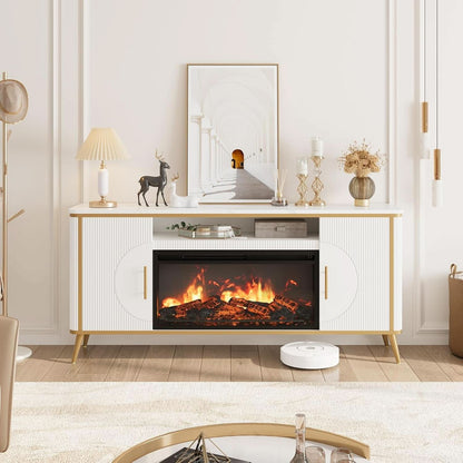 Fluted Electric Fireplace TV Console 80 Inch Arctic White