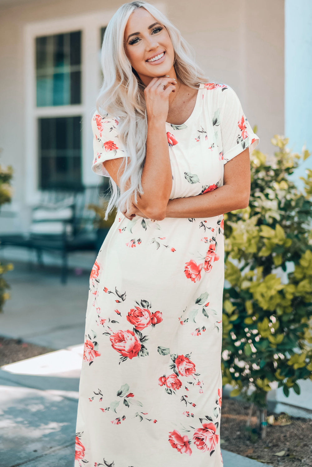 White floral print side slit T-shirt dress by Harlequin Daisy, featuring a casual fit and stylish design.