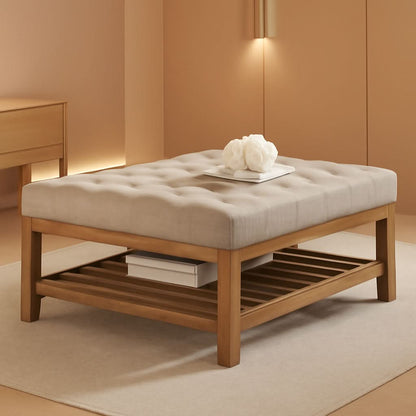 Large Upholstered Tufted Linen Ottoman Coffee Table