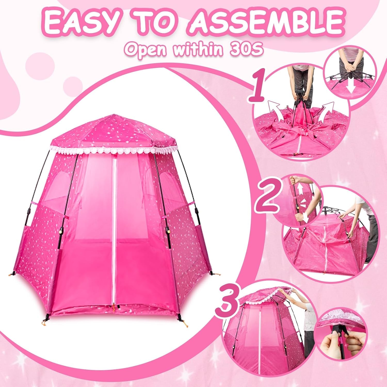 Kids Pop Up Play Tent by Peach Maple, princess castle playhouse with colorful fabric and window openings for imaginative play.