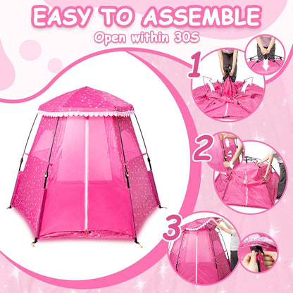 Kids Pop Up Play Tent by Peach Maple, princess castle playhouse with colorful fabric and window openings for imaginative play.