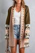 Brown Aztec print open front knitted cardigan from Carmine Juneberry, featuring a cozy sweater style with intricate geometric patterns.