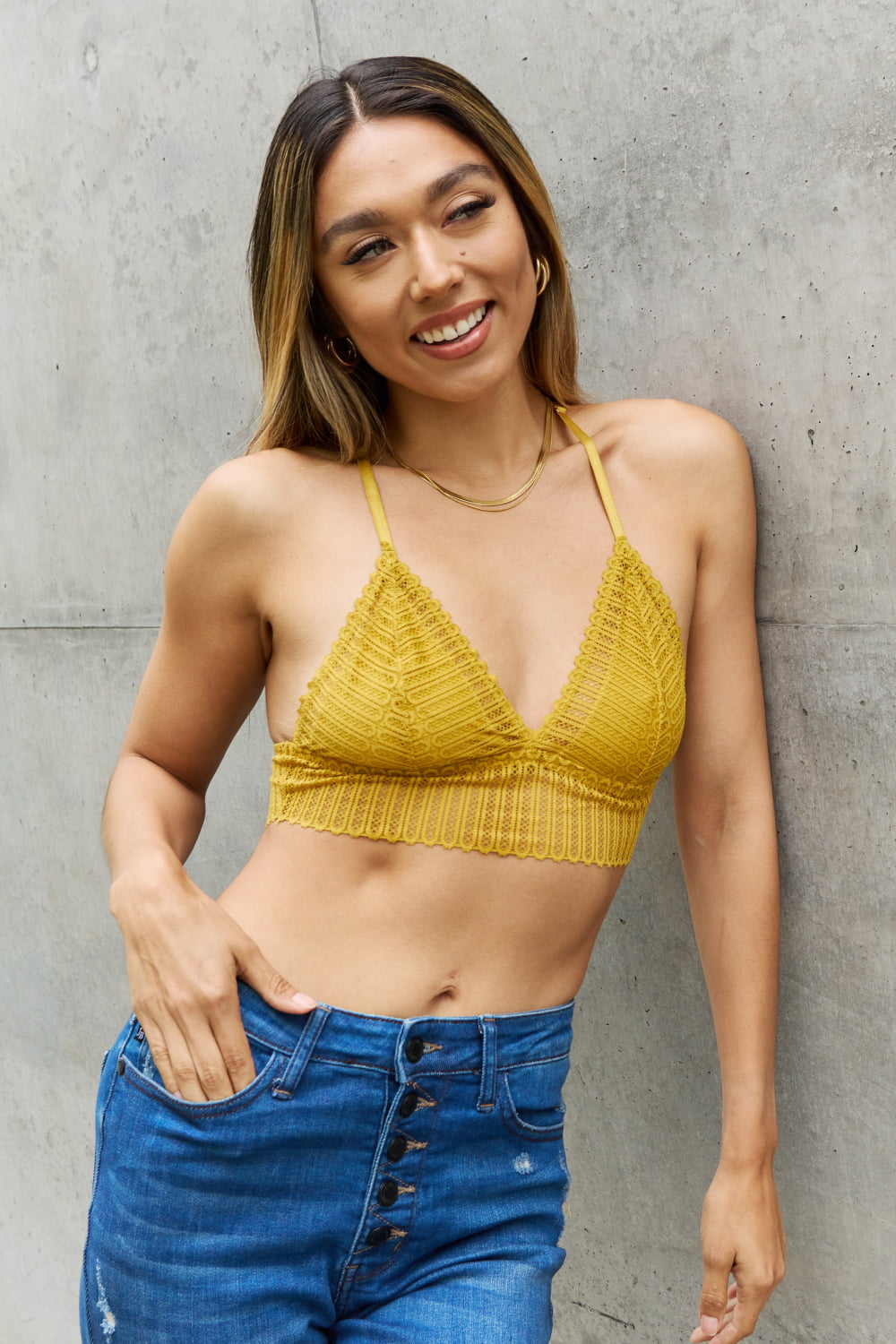 Leto Ribbed Lace Boho Racerback Bralette in Straw by Pear Daisy, featuring ribbed lace fabric and a bohemian racerback design.
