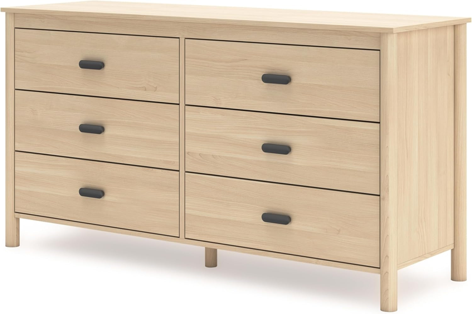 Light brown Peach Maple six-drawer dresser for bedroom storage, showcasing its sleek wooden design and spacious drawers.