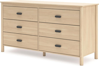 Light brown Peach Maple six-drawer dresser for bedroom storage, showcasing its sleek wooden design and spacious drawers.