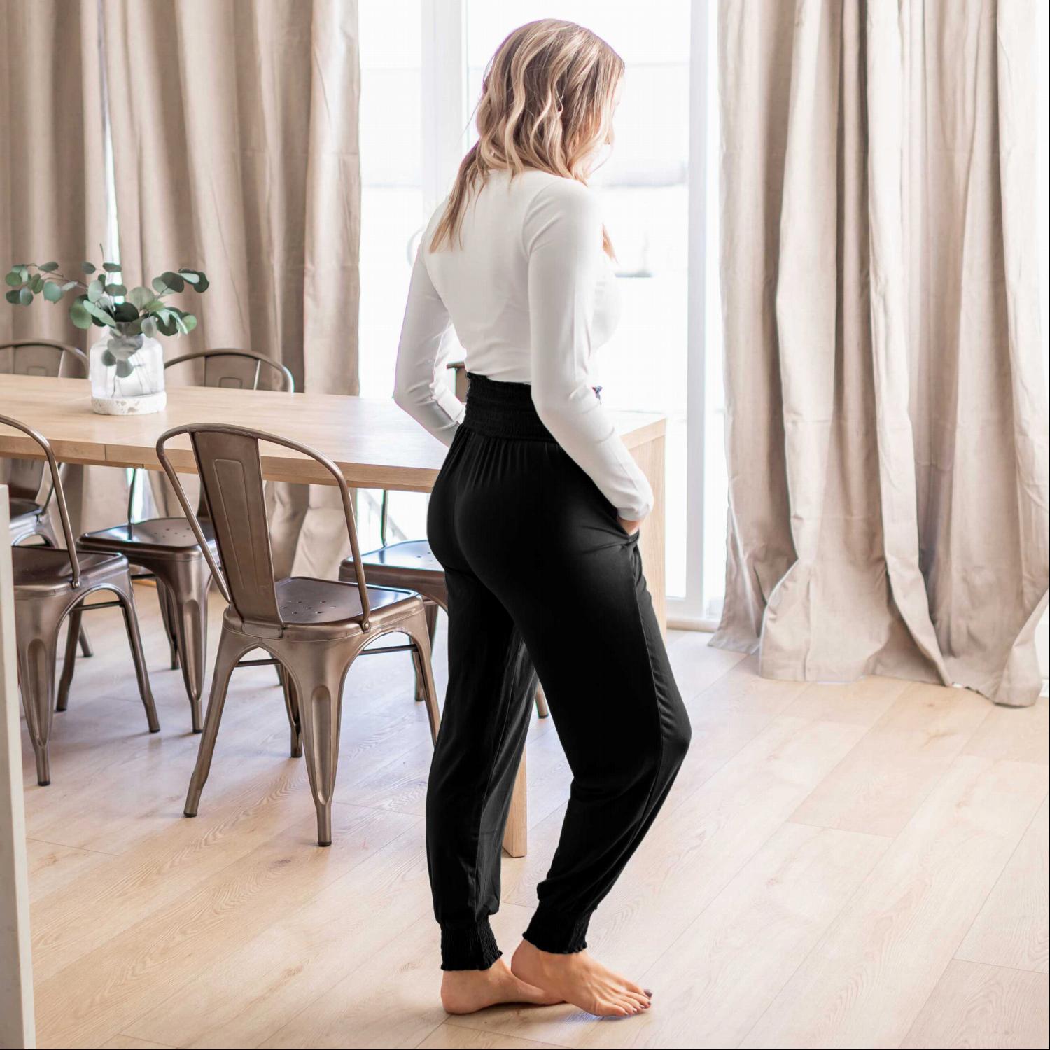 Pink Bearberry high-waisted smocked lounge jogger pants for women, featuring comfortable elastic waistband and relaxed fit.