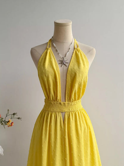 Pear Daisy Swiss Dot Halter Neck Dress, lightweight fabric with dotted pattern, perfect for elegant home or garden occasions.