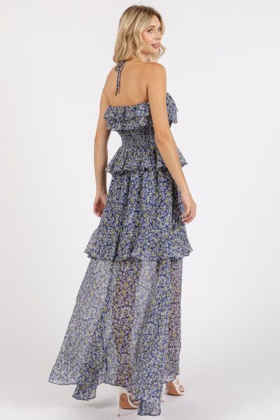 Jade Icarus Mittoshop floral ruffled smocked halter neck maxi dress for women, with a flowing fabric and floral pattern.