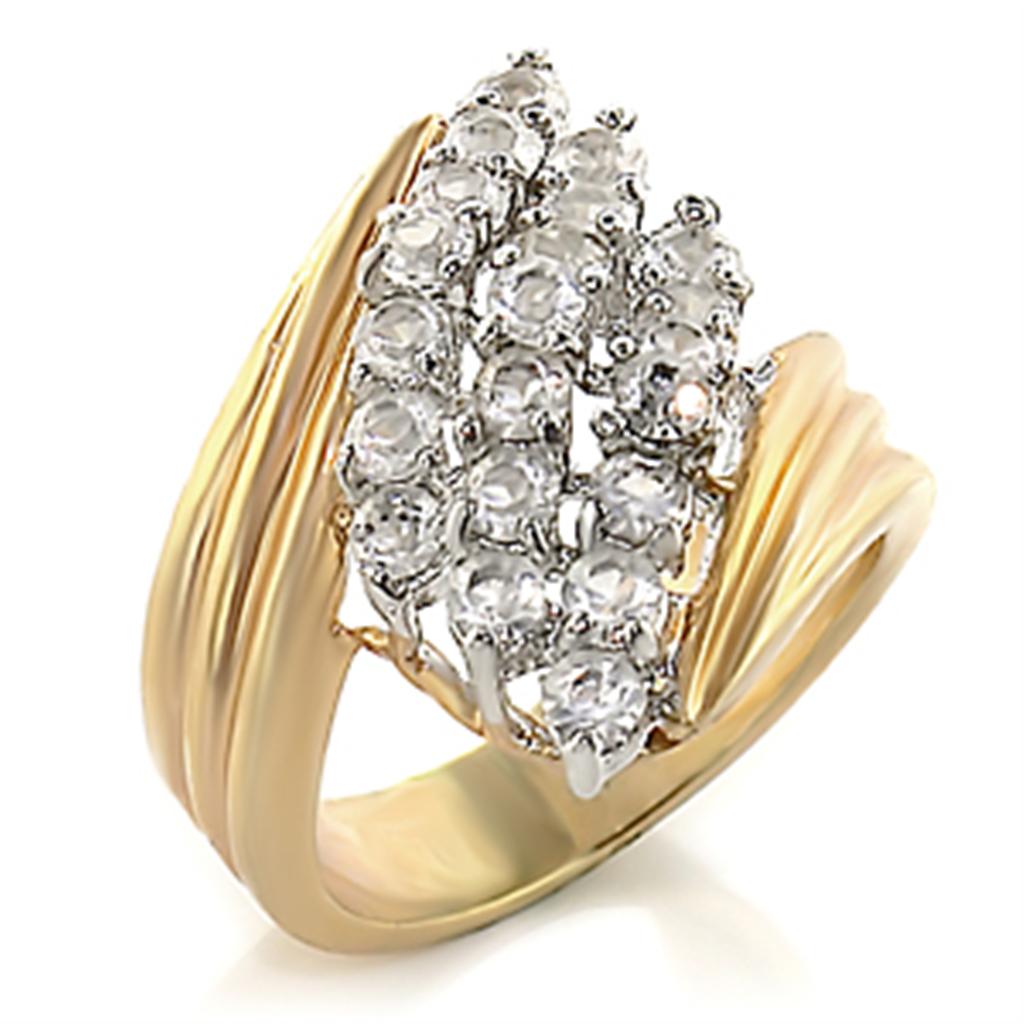 Gold and rhodium brass ring with AAA grade clear cubic zirconia by Turquoise Tiger, showcasing an elegant jewelry design.