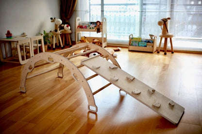 Red Oceanus Montessori climbing set with triangle, arch, and ramp, designed for safe, child-friendly indoor furniture play.