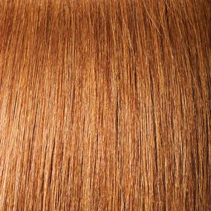 Peach Clymene Kelly curly human hair wig with bangs, full volume and natural look, featuring elegant styled curls and layered bangs.