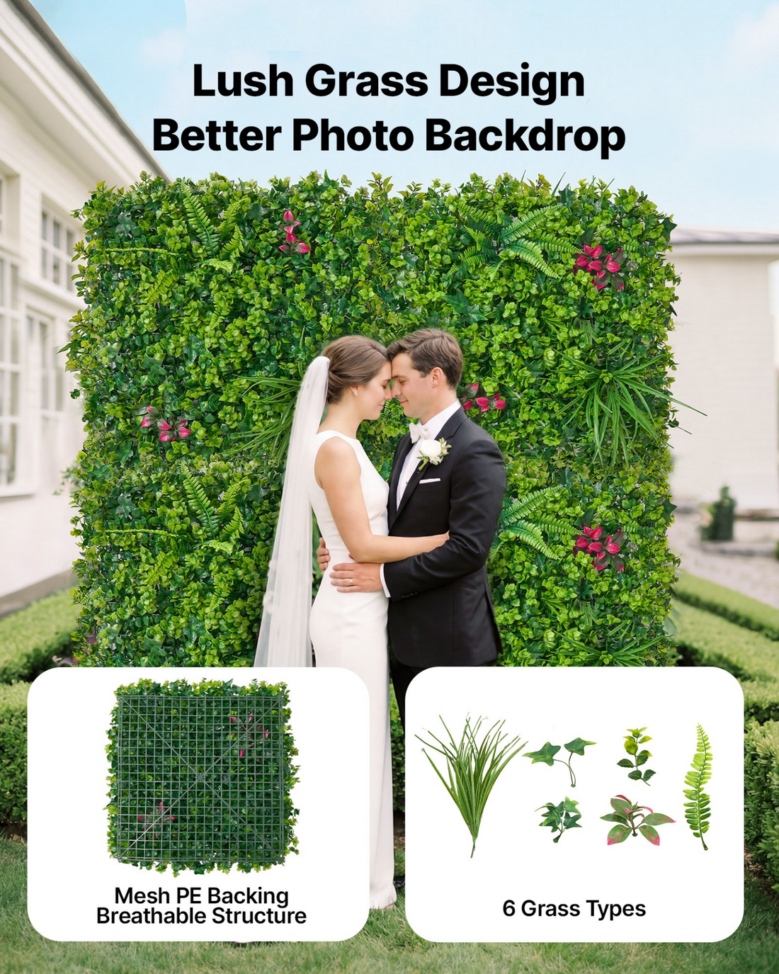 Start2Finish artificial plant wall with 12 green boxwood panels, ideal for garden, outdoor, or indoor privacy fence backdrop.