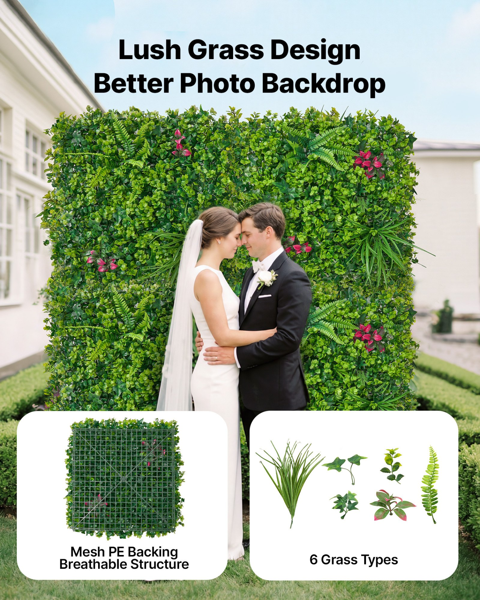 Start2Finish artificial plant wall with 12 green boxwood panels, ideal for garden, outdoor, or indoor privacy fence backdrop.
