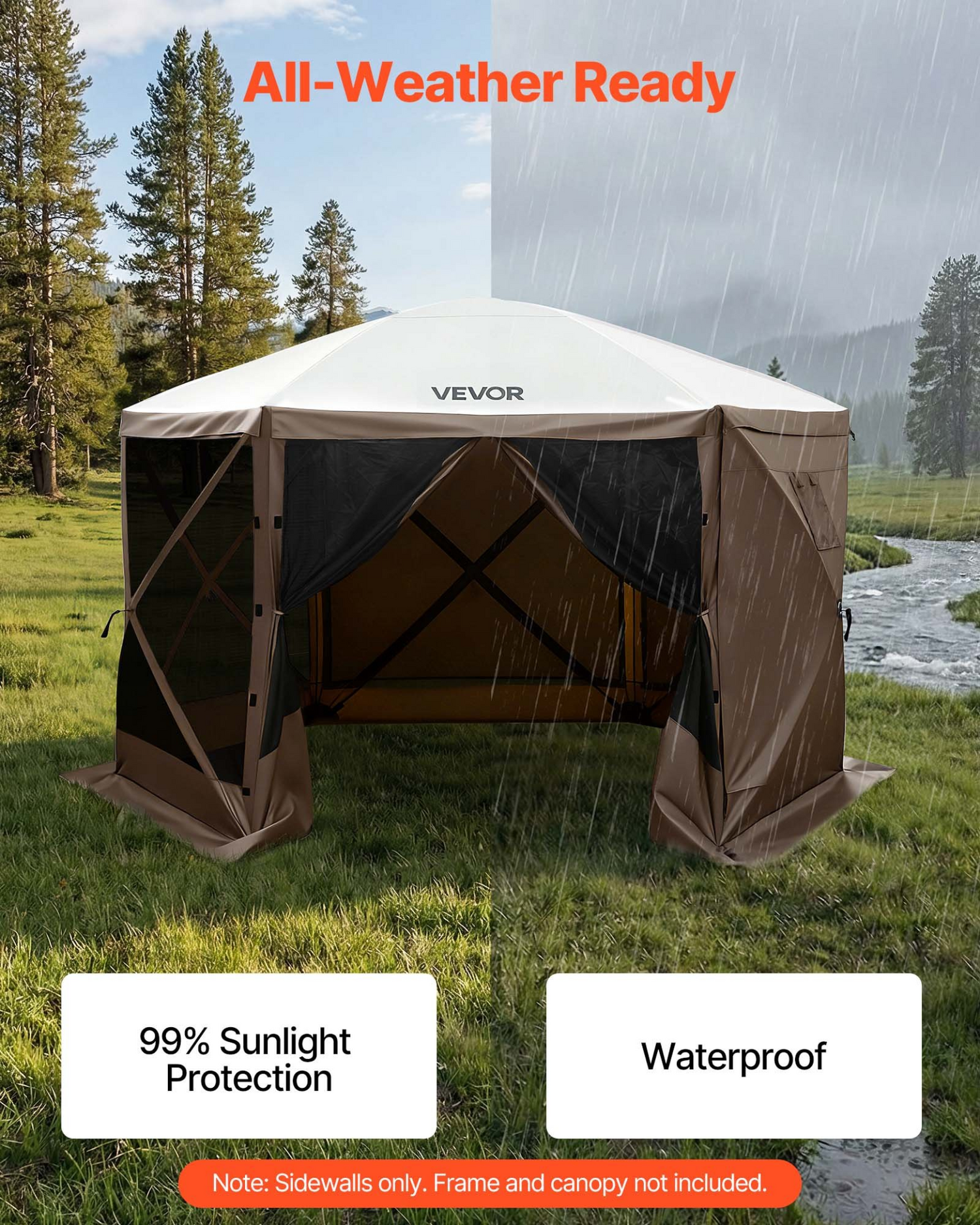 Start2Finish VEVOR canopy sidewalls, waterproof brown tent walls with one-sided window, suitable for outdoor event tents and vendor booths.