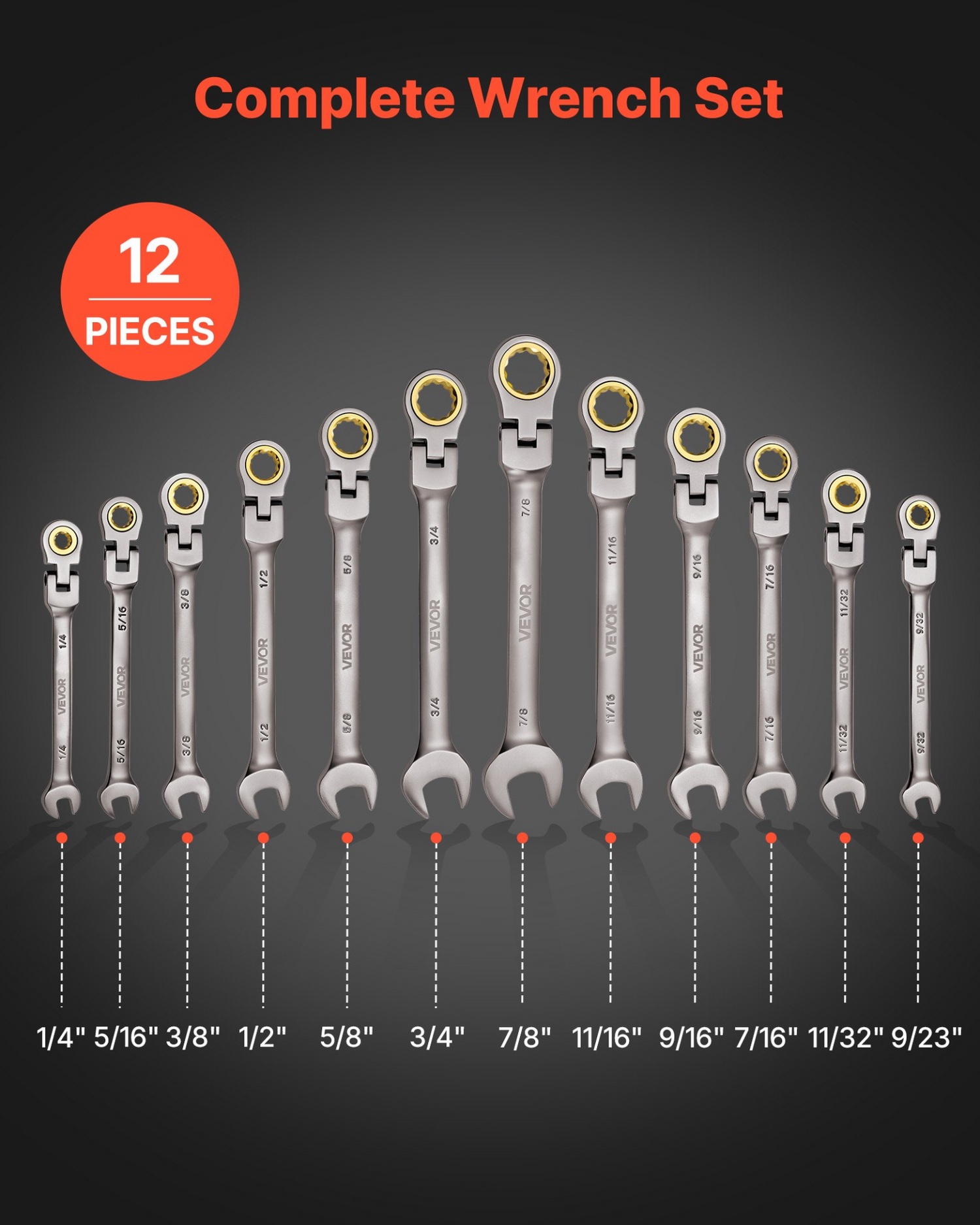 Start2Finish VEVOR 12-piece SAE flex-head ratcheting wrench set with Cr-V steel, gray nickel finish, and roll-up pouch for repairs.
