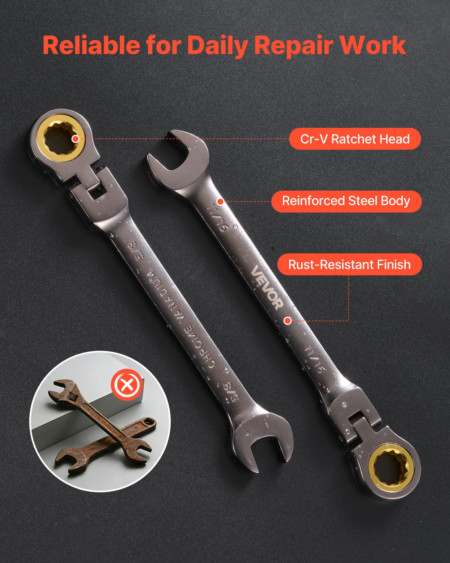 Start2Finish VEVOR 12-piece SAE flex-head ratcheting wrench set with Cr-V steel, gray nickel finish, and roll-up pouch for repairs.
