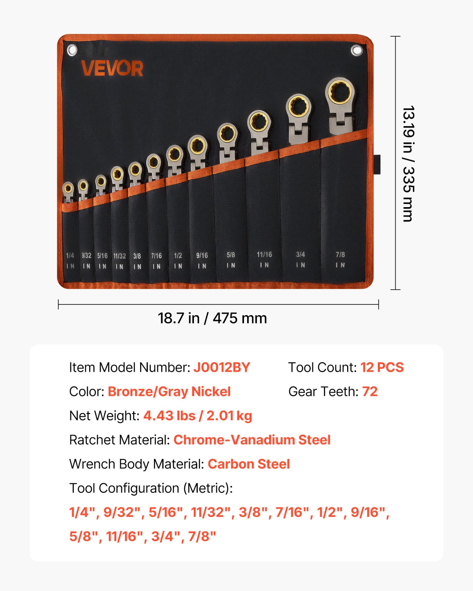 Start2Finish VEVOR 12-piece SAE Flex-Head Ratcheting Wrench Set with Cr-V steel, gray nickel finish, in roll-up pouch for repairs.