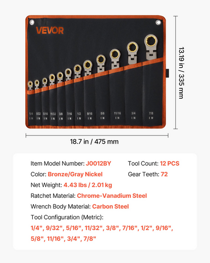 Start2Finish VEVOR 12-piece SAE Flex-Head Ratcheting Wrench Set with Cr-V steel, gray nickel finish, in roll-up pouch for repairs.