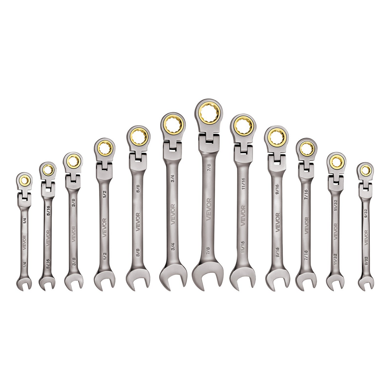 Start2Finish VEVOR 12-piece SAE flex-head ratcheting wrench set with Cr-V steel, gray nickel finish, and roll-up pouch for repairs.