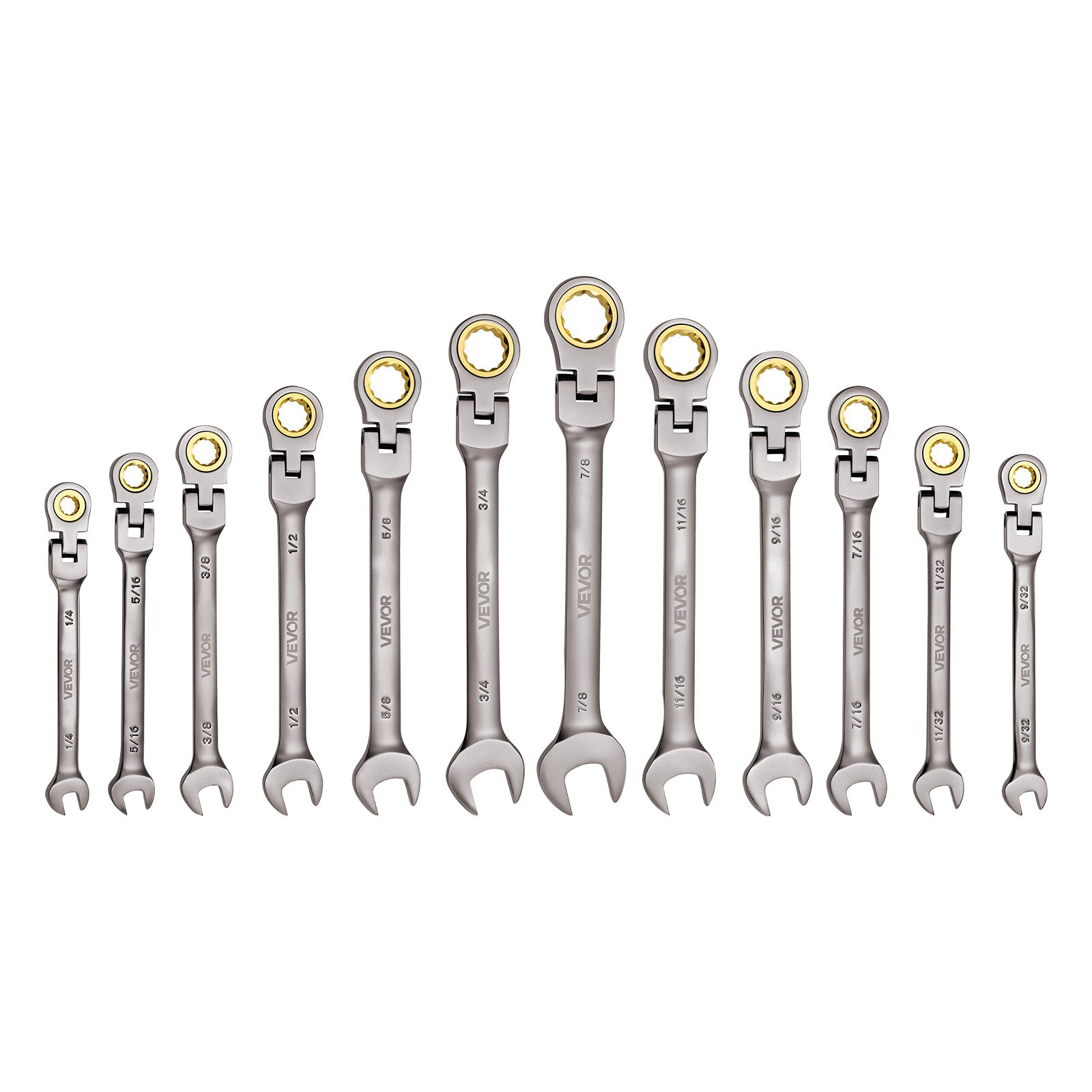 Start2Finish VEVOR 12-piece SAE flex-head ratcheting wrench set with Cr-V steel, gray nickel finish, and roll-up pouch for repairs.