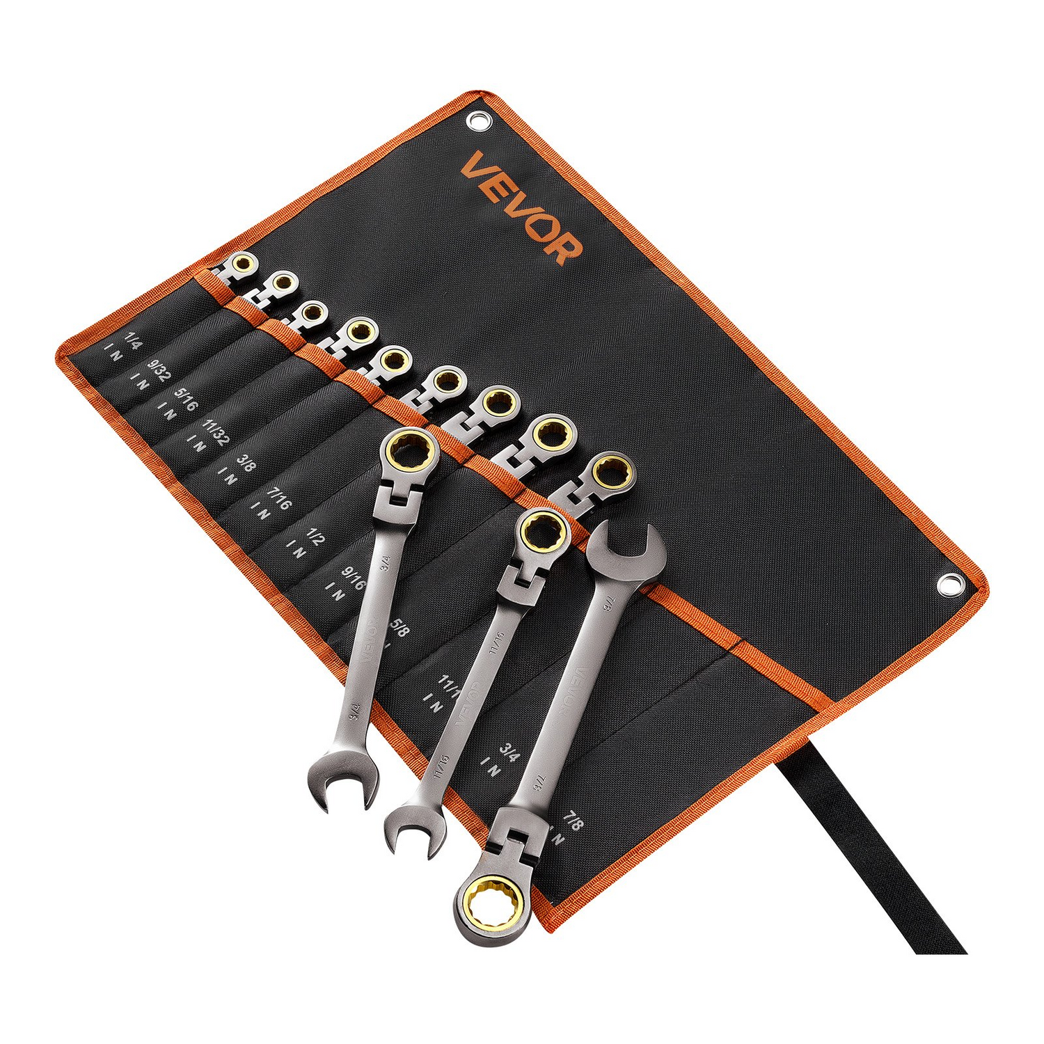 Start2Finish VEVOR 12-piece SAE flex-head ratcheting wrench set with gray nickel finish, including roll-up pouch for household and auto repairs.
