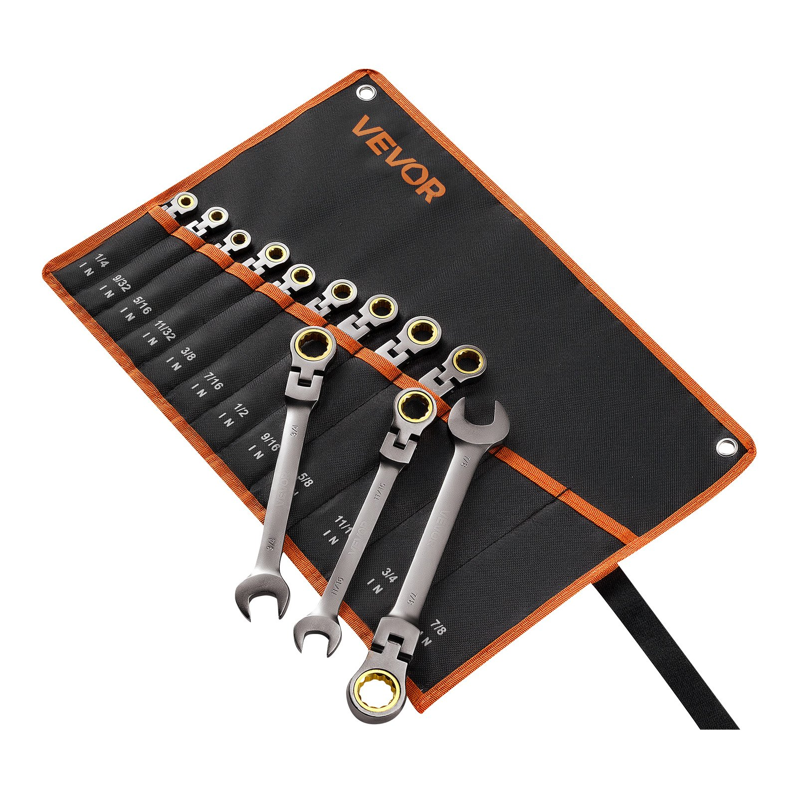 Start2Finish VEVOR 12-piece SAE flex-head ratcheting wrench set with gray nickel finish, including roll-up pouch for household and auto repairs.