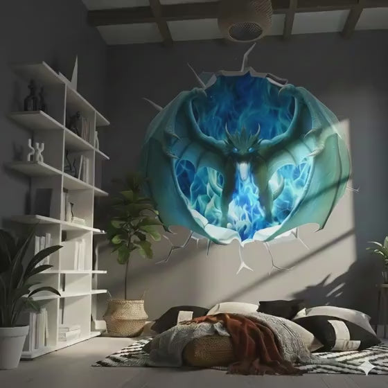 3D blue fire dragon wall decal by Start2Finish, featuring a fantasy portal mural for teen boys&